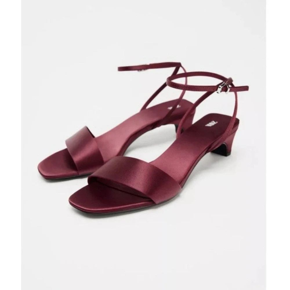 Zara Satin-Effect Ankle-Strap Sandals deep burgundy hue.size 10 Label 41 NWT - Picture 2 of 8